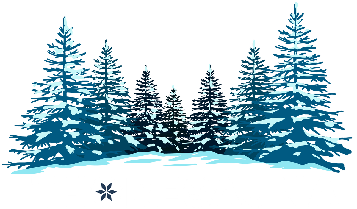 A stylized winter forest illustration featuring six snow-covered evergreen trees in shades of blue and white, with a small snowflake icon below on a solid white background.