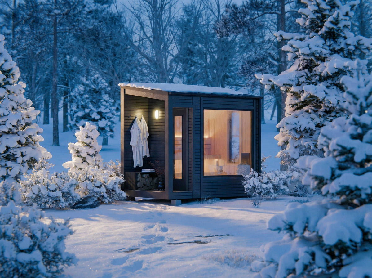 Modern Scandinavian outdoor sauna design in a snowy winter forest, Thoresauna PDF plans and blueprints.